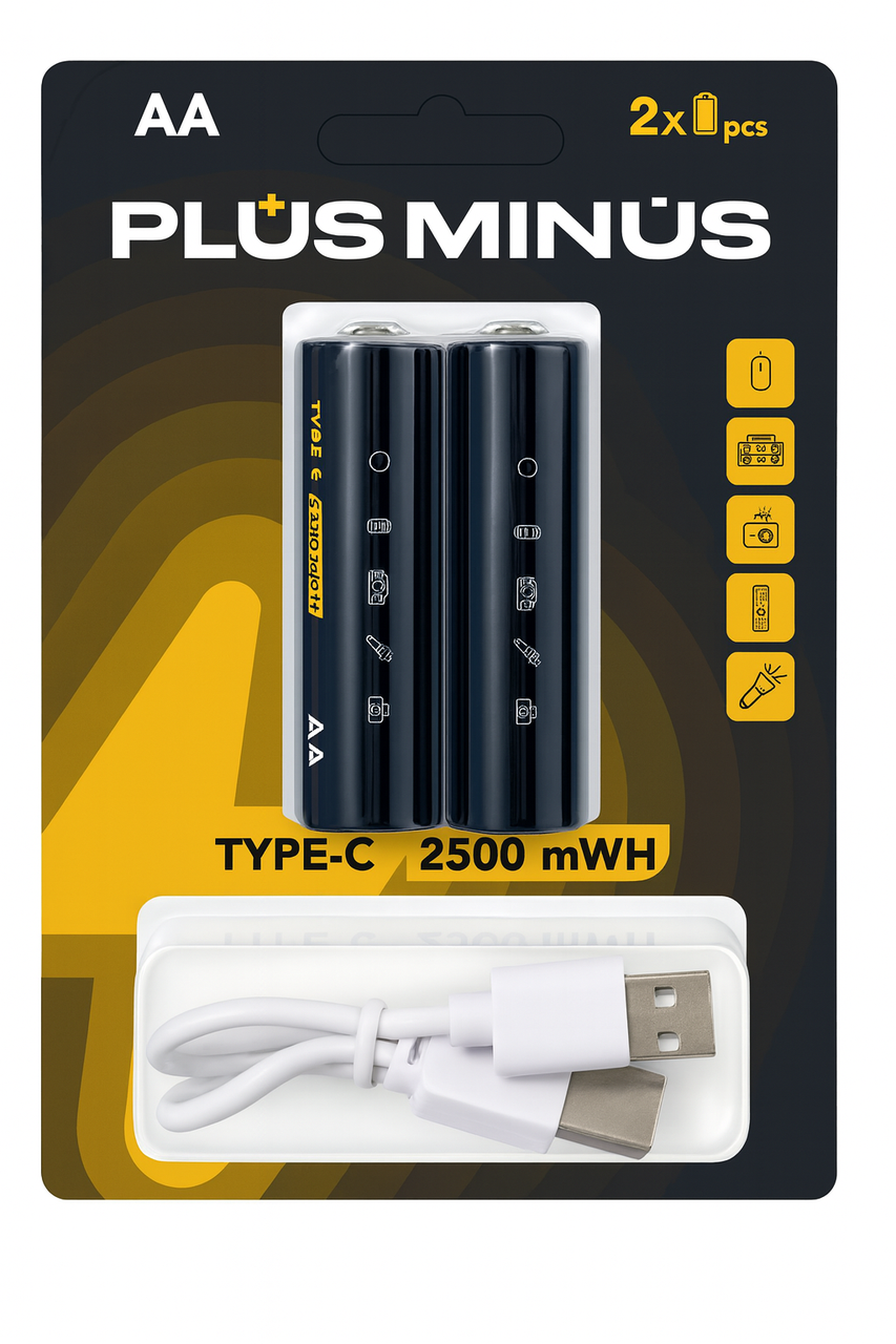 Аккумуляторные батареи AA PLUS MINUS 2500 mAh с зарядкой Type-C и кабелем 2 шт.