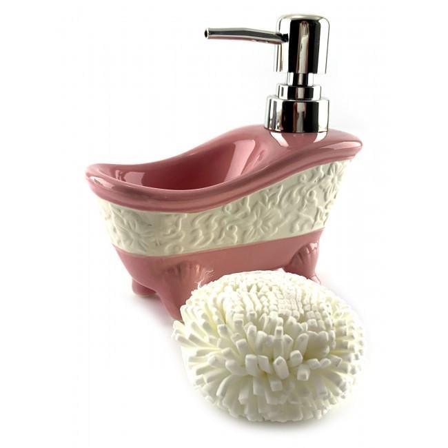 Диспенсер для мыла с мочалкой ванна 14х14х7 см Розовый (32164B)