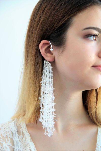 Сережки кафи весільні з довгими підвісками з кришталю та перлів Санторіні (ER-0008)