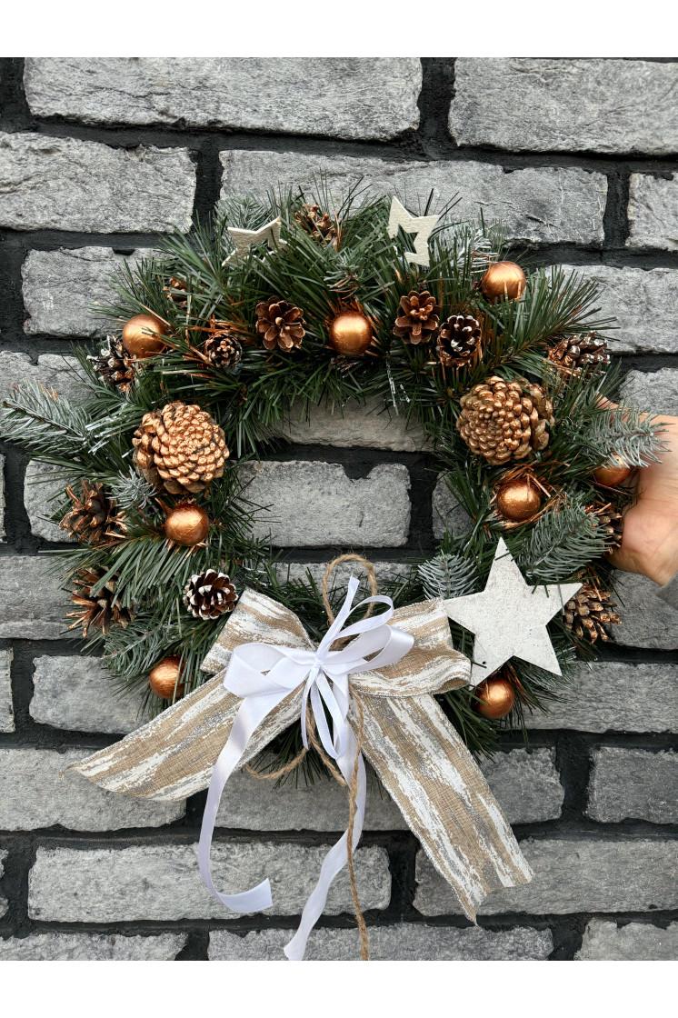 Венчик новогодний декоративный с бантиком и украшениями 40 см