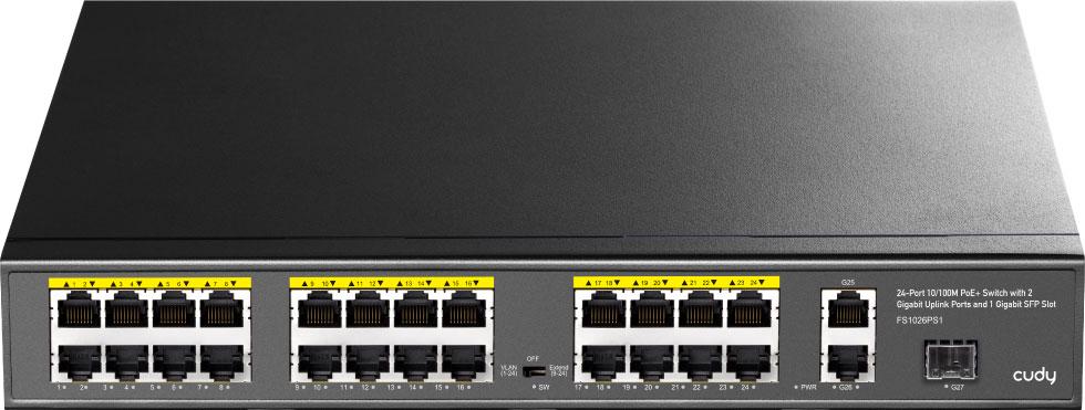 Коммутатор Cudy FS1026PS1 24 портовый 10/100M PoE+ Switch with 2 Gigabit Port+ 1SFP 300W Black (FS1026PS1_EU)