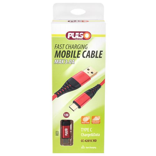 Кабель PULSO USB-Type C 3 А 1 м быстрая зарядка и передача данных Red (CC-4201C RD)