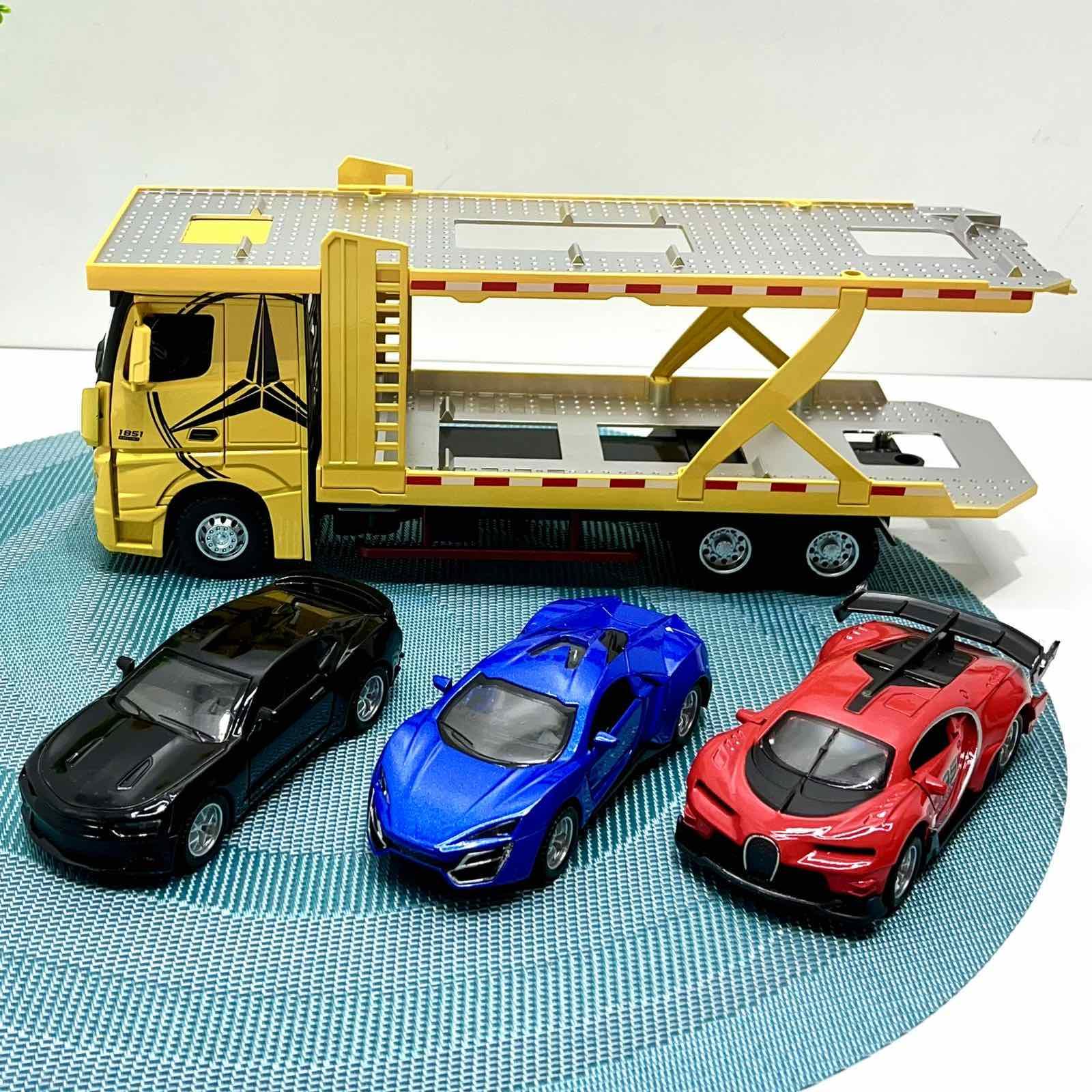 Автовоз Mercedes Actros с машинками световые и звуковые эффекты масштаб 1:24 Желтый (53522-46)