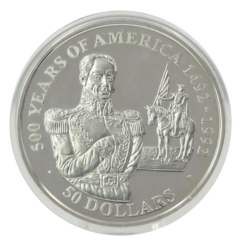 Коллекционная монета Острова Кука 50 долларов 1990 серебро Proof 500 лет Открытию Америки-Симон Боливар (М22593)