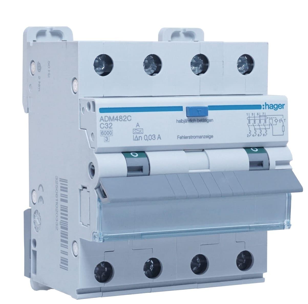 Дифавтомат Hager 32A 30mA 6kA 4 полюса тип C тип A ADM482C (11264)