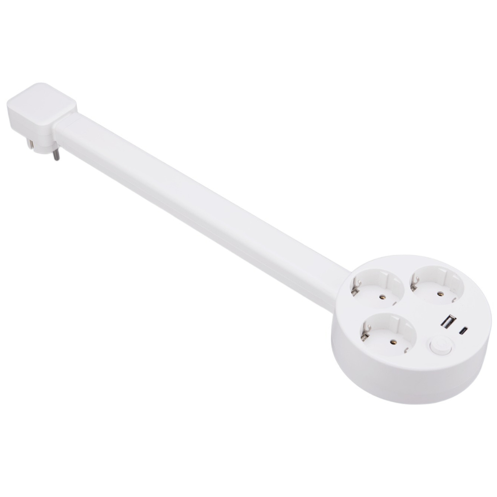 Удлинитель сетевой выдвижной телескопический тройник с поворотом на 360° на 3 розетки и 2 порта для зарядки USB-AType-C 16А