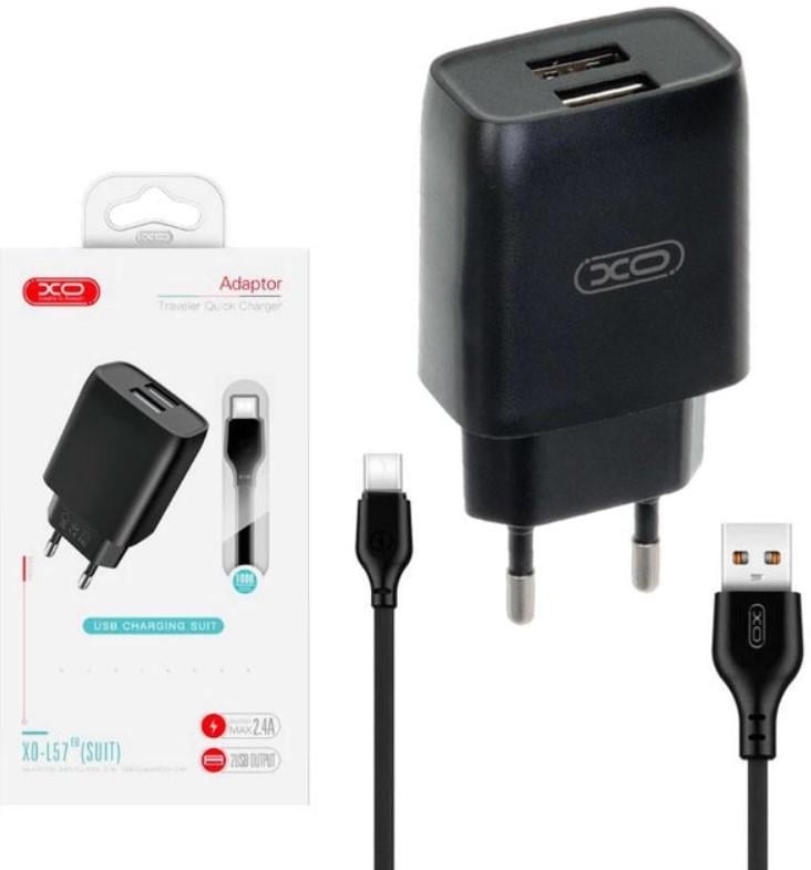 Сетевое зарядное устройство МЗП XO L57 2USB/2.4A/Кабель USB/Type/C Black - фото 2 Сетевое зарядное устройство МЗП XO L57 2USB/2.4A/Кабель USB/Type/C Black - фото 2