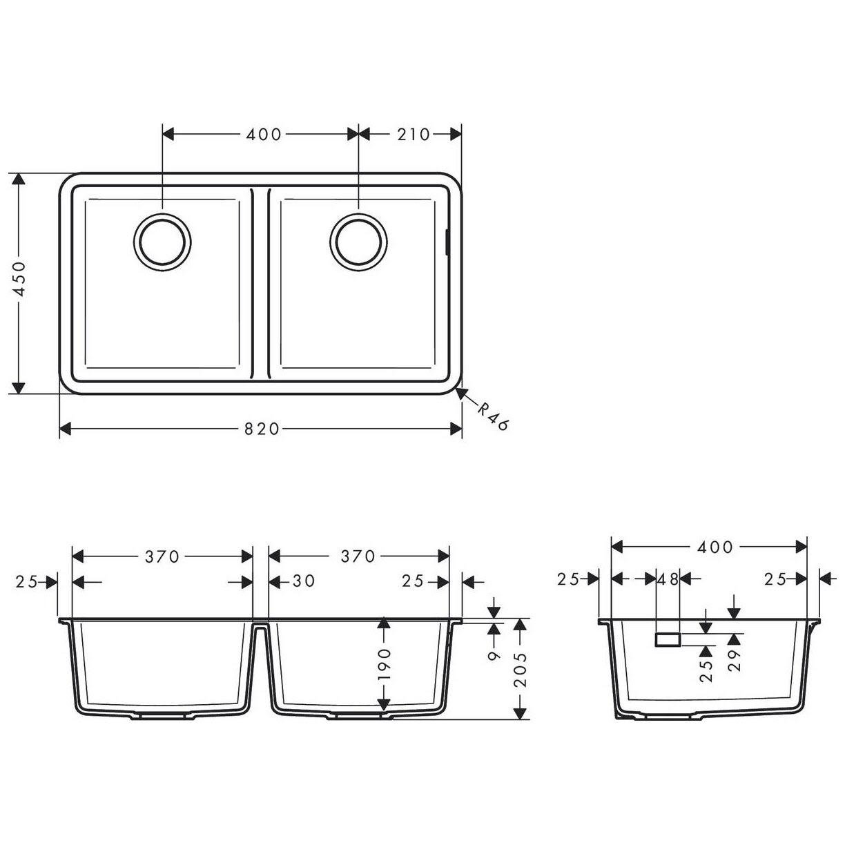 Мойка кухонная Hansgrohe 43434170 две чаши прямоугольная гранитная 820x450 мм Черный (142497) - фото 2