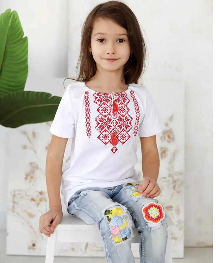 Футболка-вышиванка детская на девочку трикотажная 104 см Белый с красным (д-04-104)