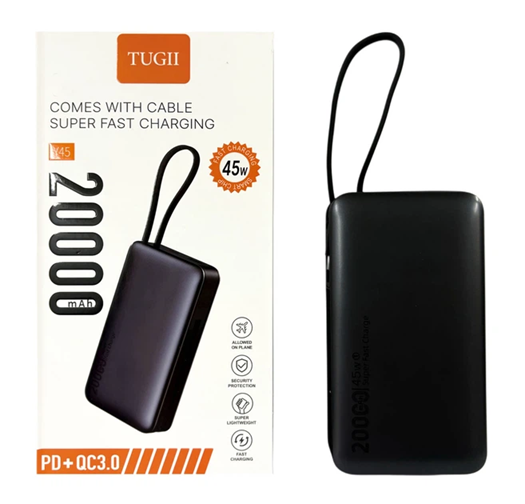 Повербанк TUGII Y45 20000 mAh со встроенными кабелями/поддержкой быстрой зарядки PD и QC 3,0 45 Вт Черный (3162845623)