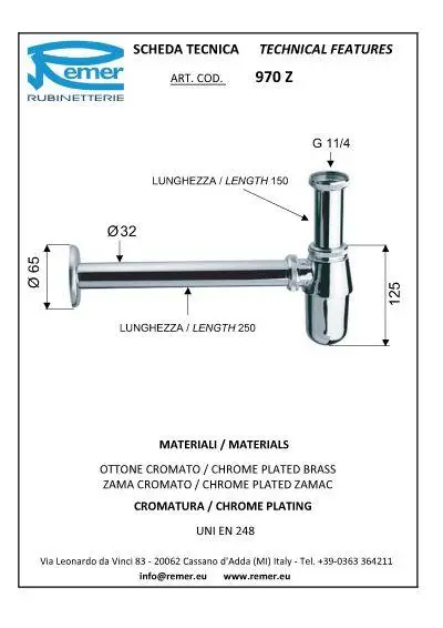 Сифон Remer для умывальника хромированный 1 1/4 без горловины (970Z) - фото 2