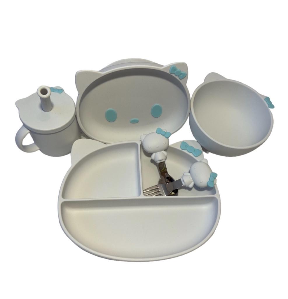 Набор посуды для кормления детский Hello Kitty силиконовый голубой бант 6 предметов (2000633034)