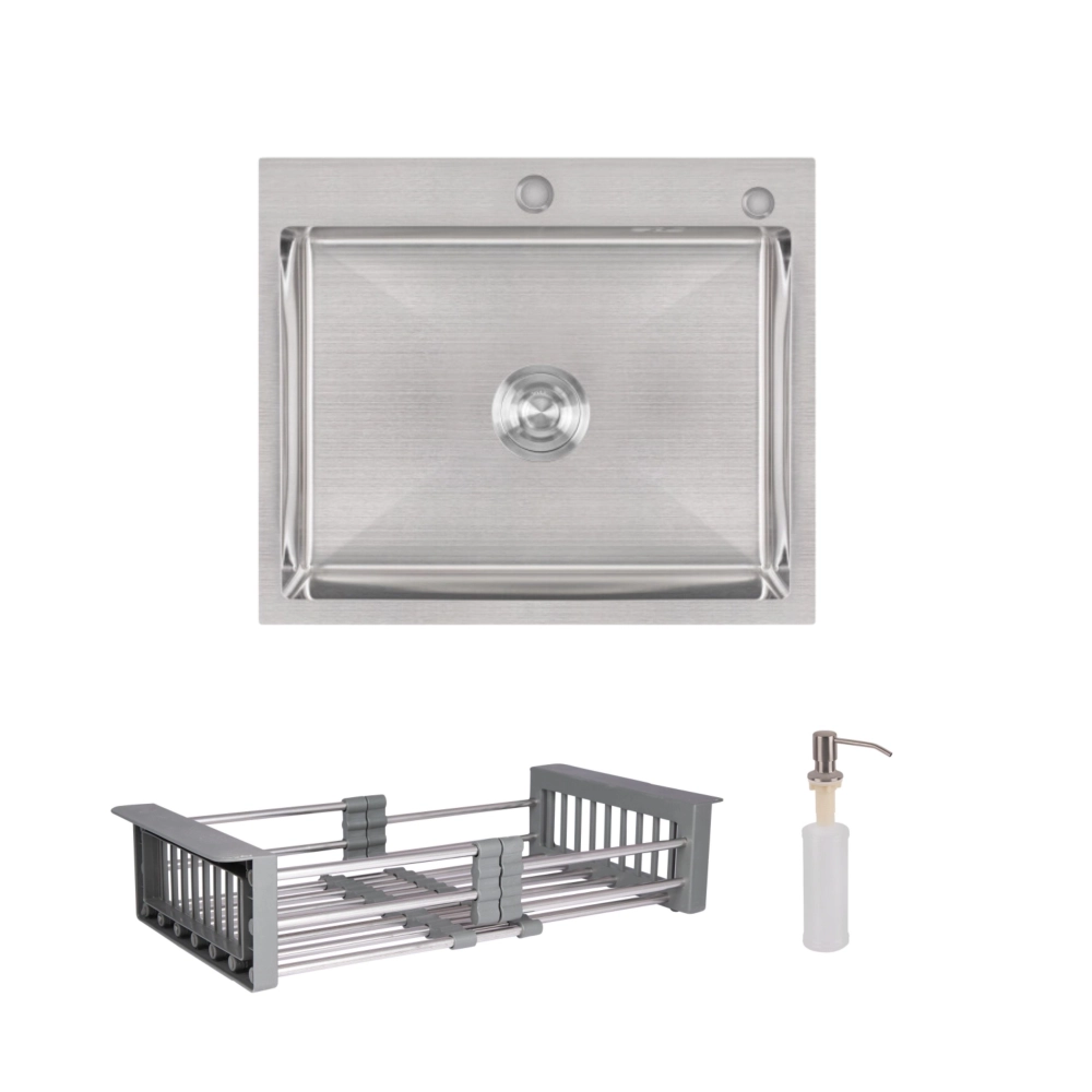 Мойка для кухни интегрированная Lidz Handmade H6050 Brushed/дозатор/корзина для кухонной мойки Lidz K01G
