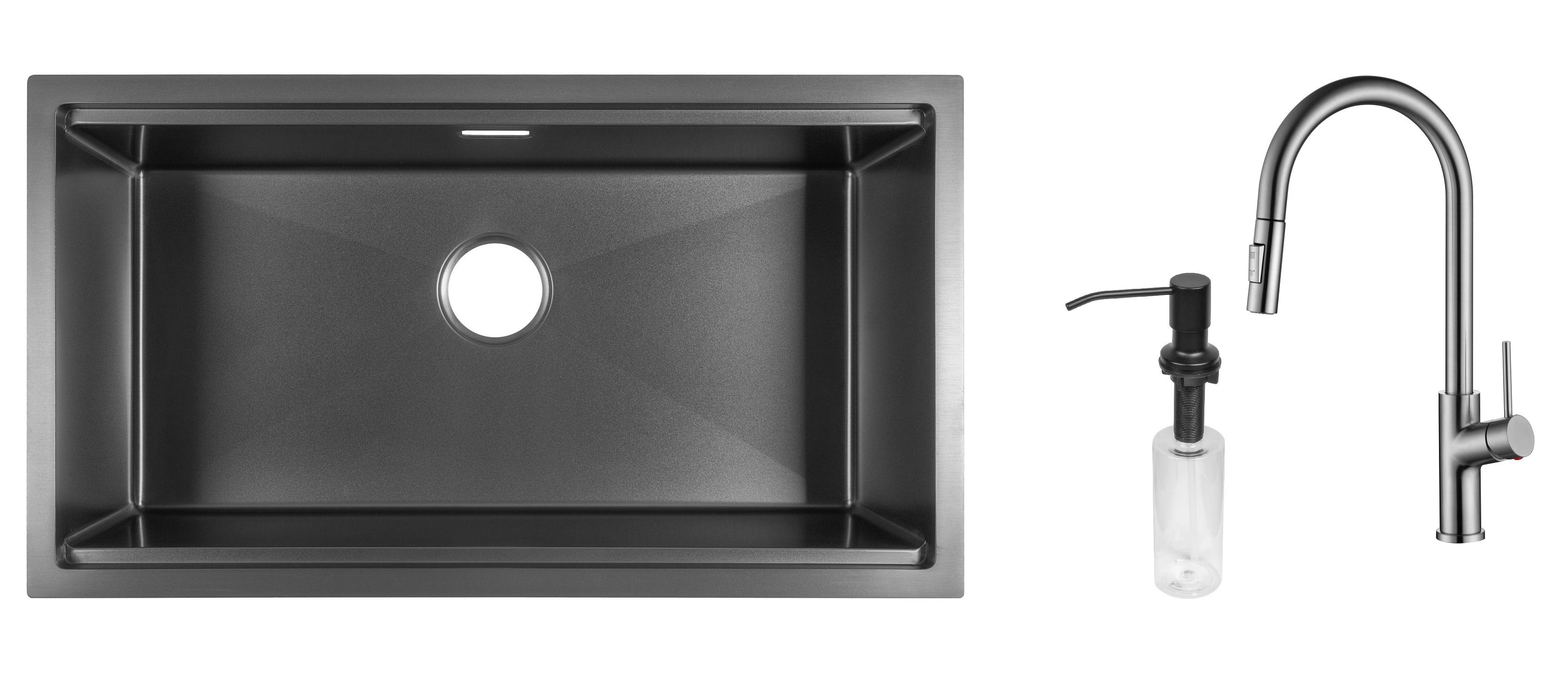 Комплект из кухонной мойки Gunter&Hauer Federbach 8022 Black кухонного смесителя Gunter&Hauer MOND Br и дозатора Gunter&Hauer Soap Dispenser Black