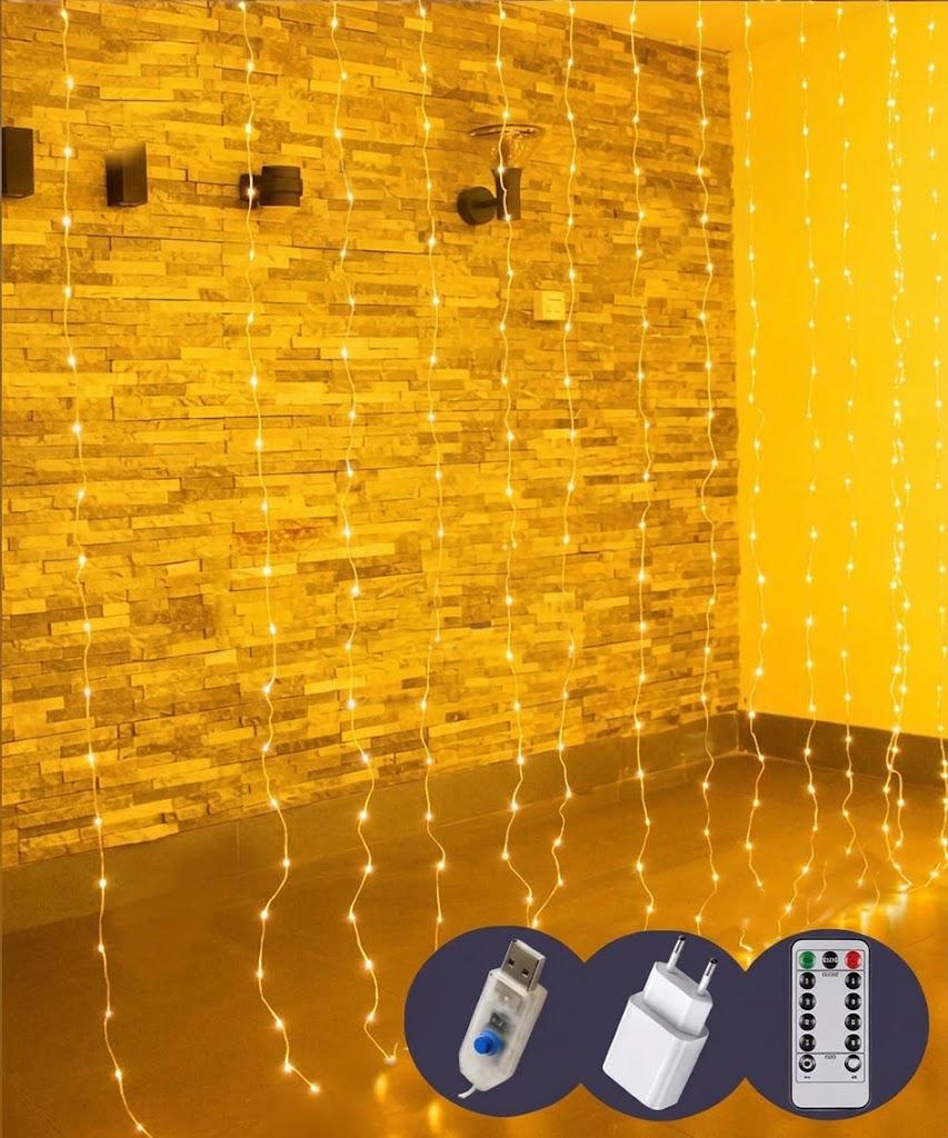 Гирлянда Штора-роса 3x2 м 20 линий 400LED USB адаптер пульт Белый теплый (FFJ00254)
