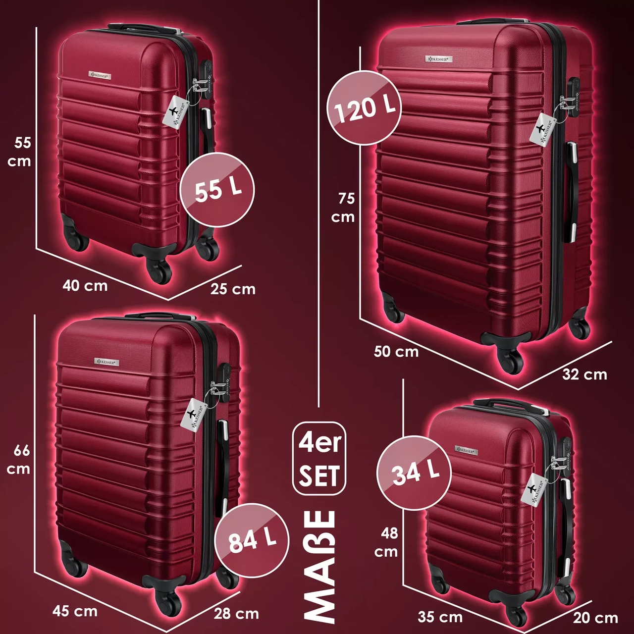 Набір із 4 дорожніх валіз KESSER з твердим корпусом S M/L/XL Бордовий - фото 2