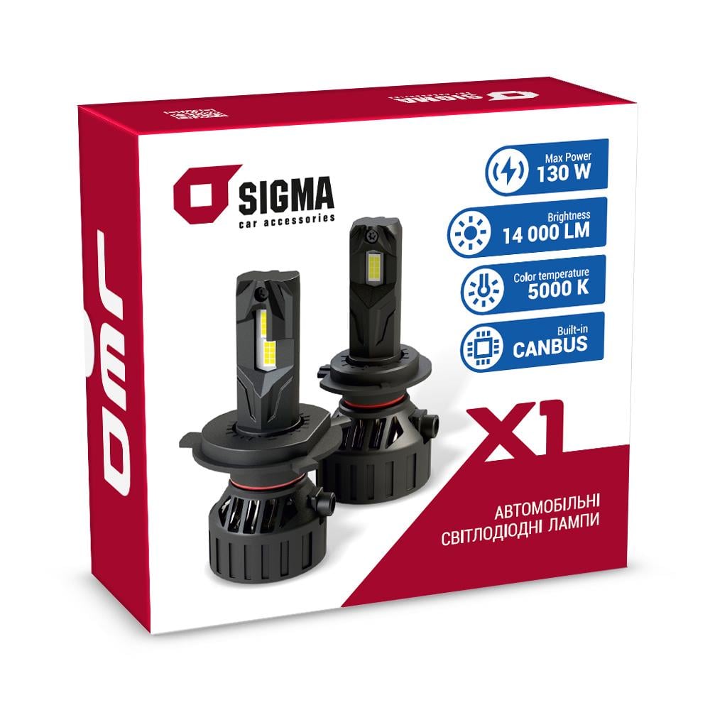 Автомобильные лампы светодиодные Sigma X1 65W H4 5000K с кулером (34143998)