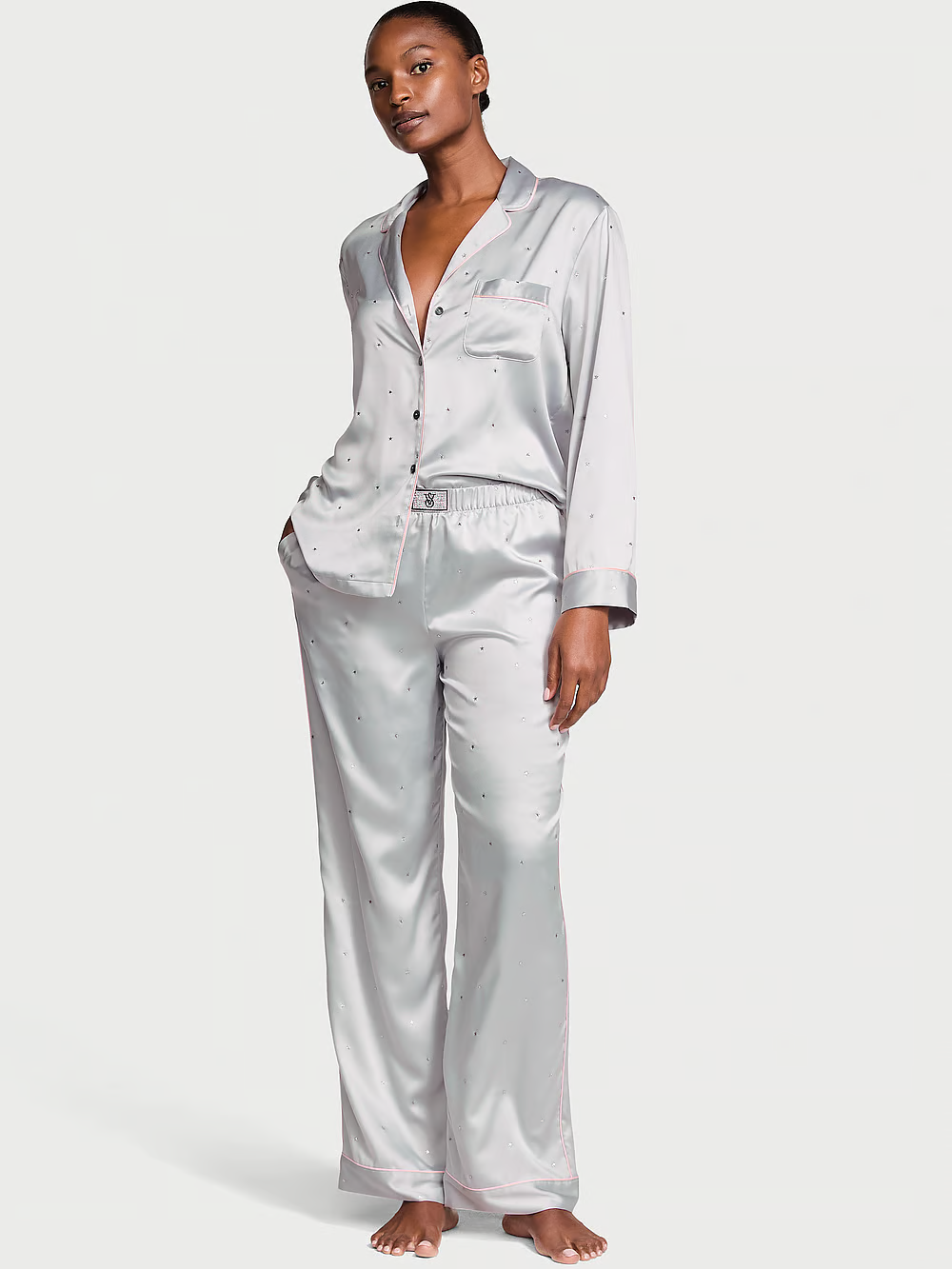 Піжама жіноча Victoria's Secret Glazed Satin Dew Drop Long Pajama Set сатинова XS Сірий (22391349)