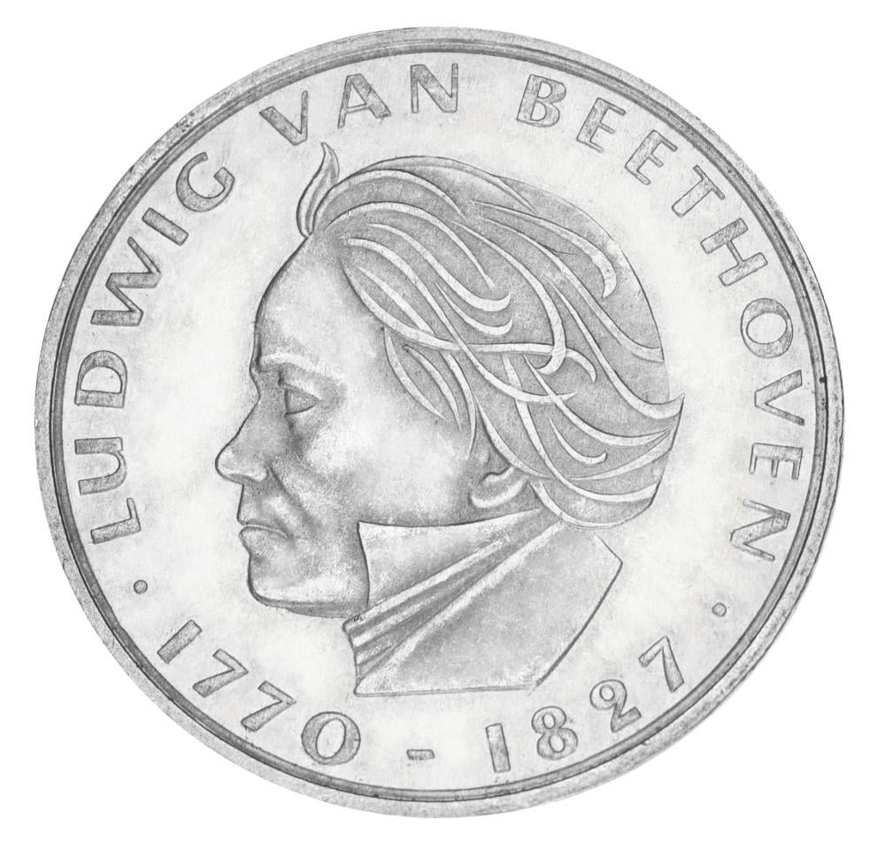 Коллекционная монета Германия 5 марок 1970 серебро F-VF 200 лет со дня рождения Людвига ван Бетховена 11,2 г (М19824)