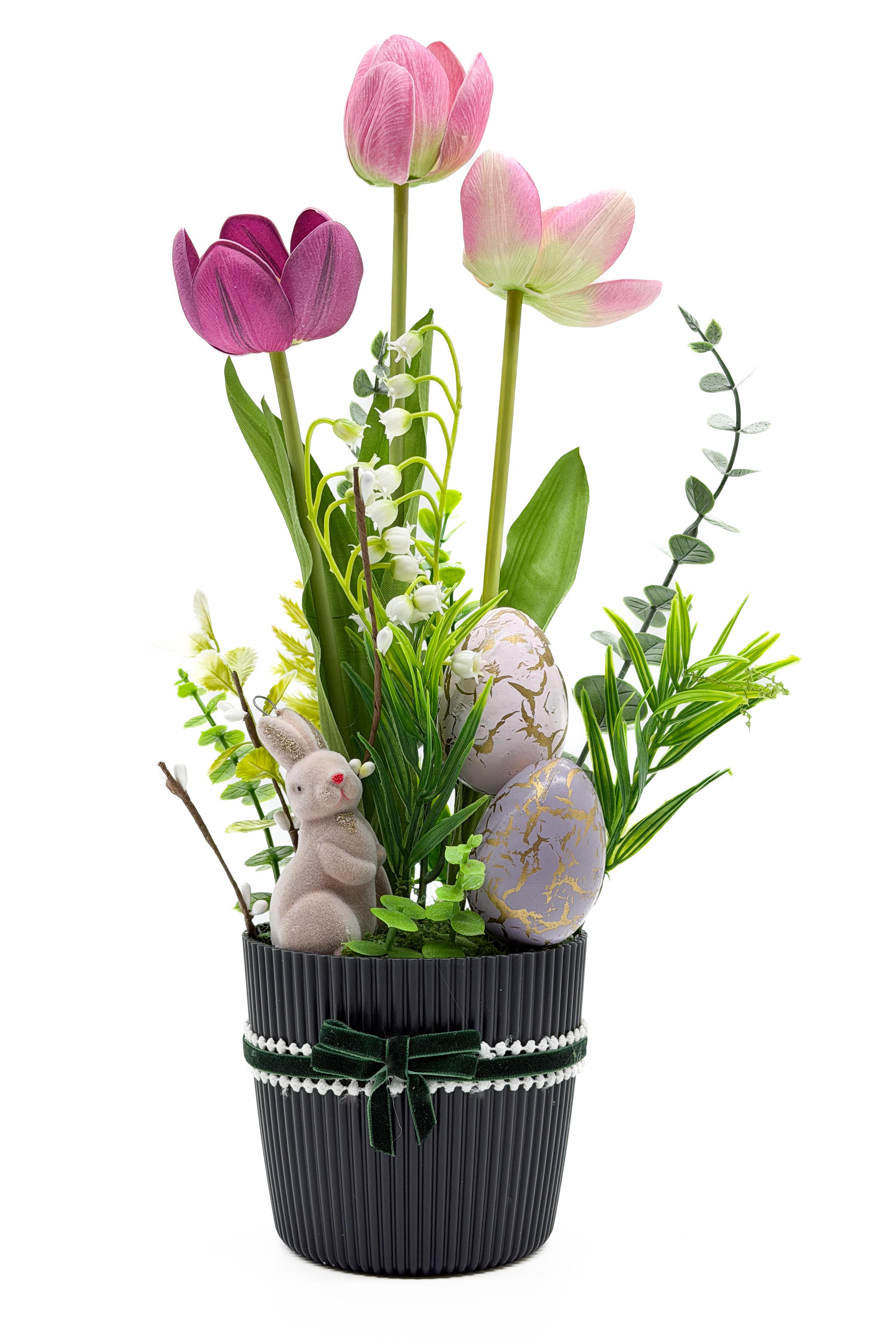 Пасхальная композиция GALA DECOR с латексными тюльпанами/пасхальными яйцами и кроликом в кашпо 40 см