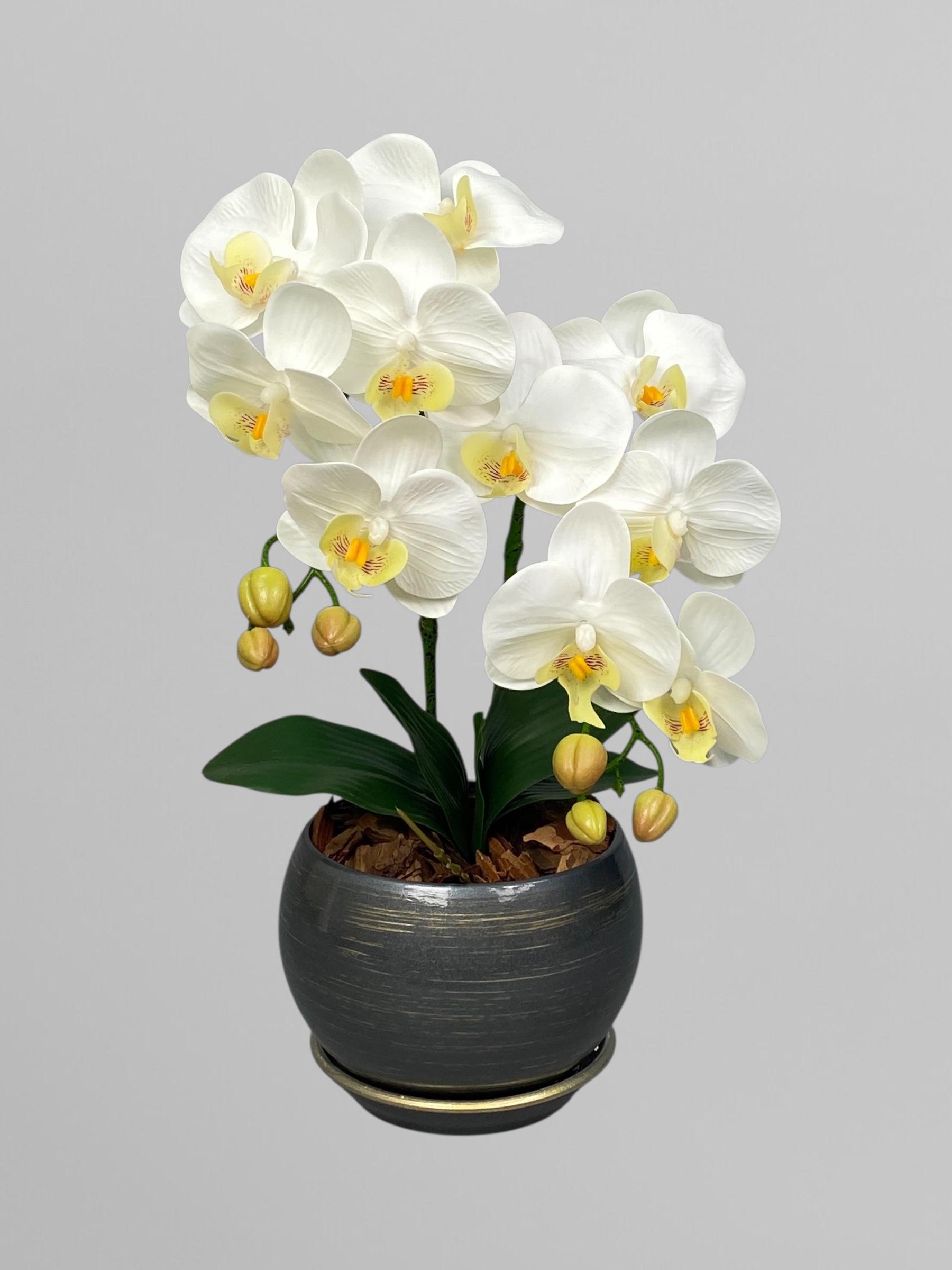 Композиция из латексных мини-орхидей на 2 веточки в сером керамическом кашпо 45 см Белый (А298)