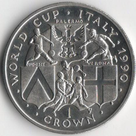 Коллекционная монета Остров Мэн 1 крона 1990 Чемпионат мира по футболу 1990 UNC Разновидность 4 (KM#272)