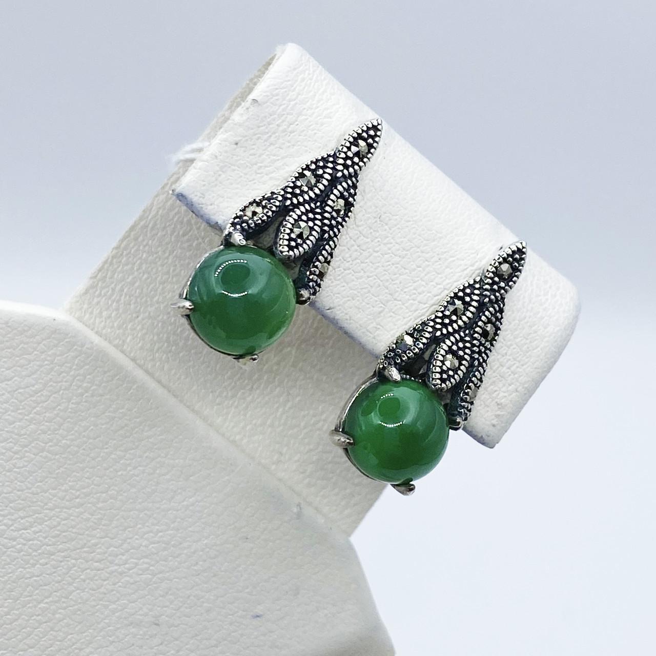 Серьги серебряные с хризопразом и марказитом 4,57 г (2247044005)