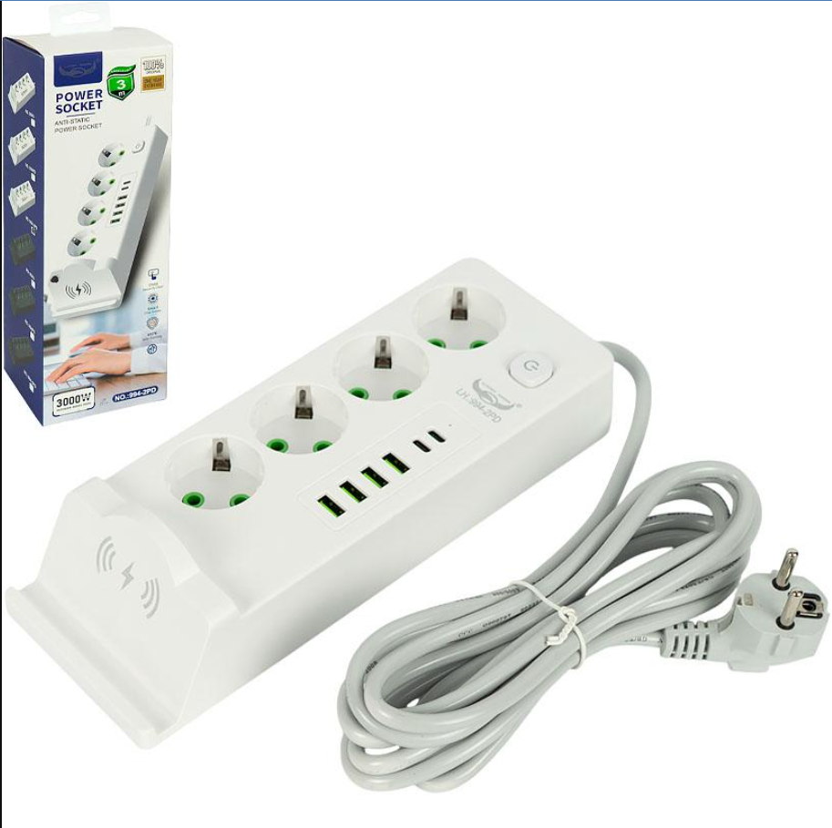 Мережевий фільтр 994-2PD 4 USB/2Type-C/Qi 3000W 482 4×3,0 м (2785673386)