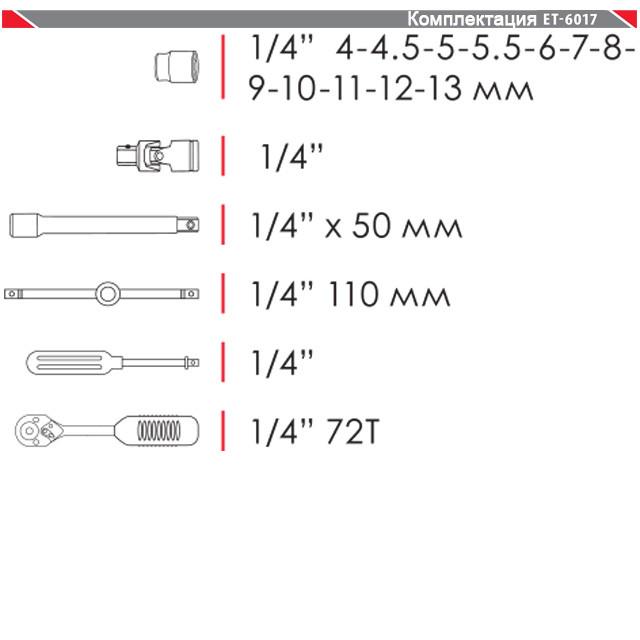 Набор инструментов Intertool ET-6017 в чемодане 12 торцевых головок с трещоткой 1/4» 17 пр. - фото 2