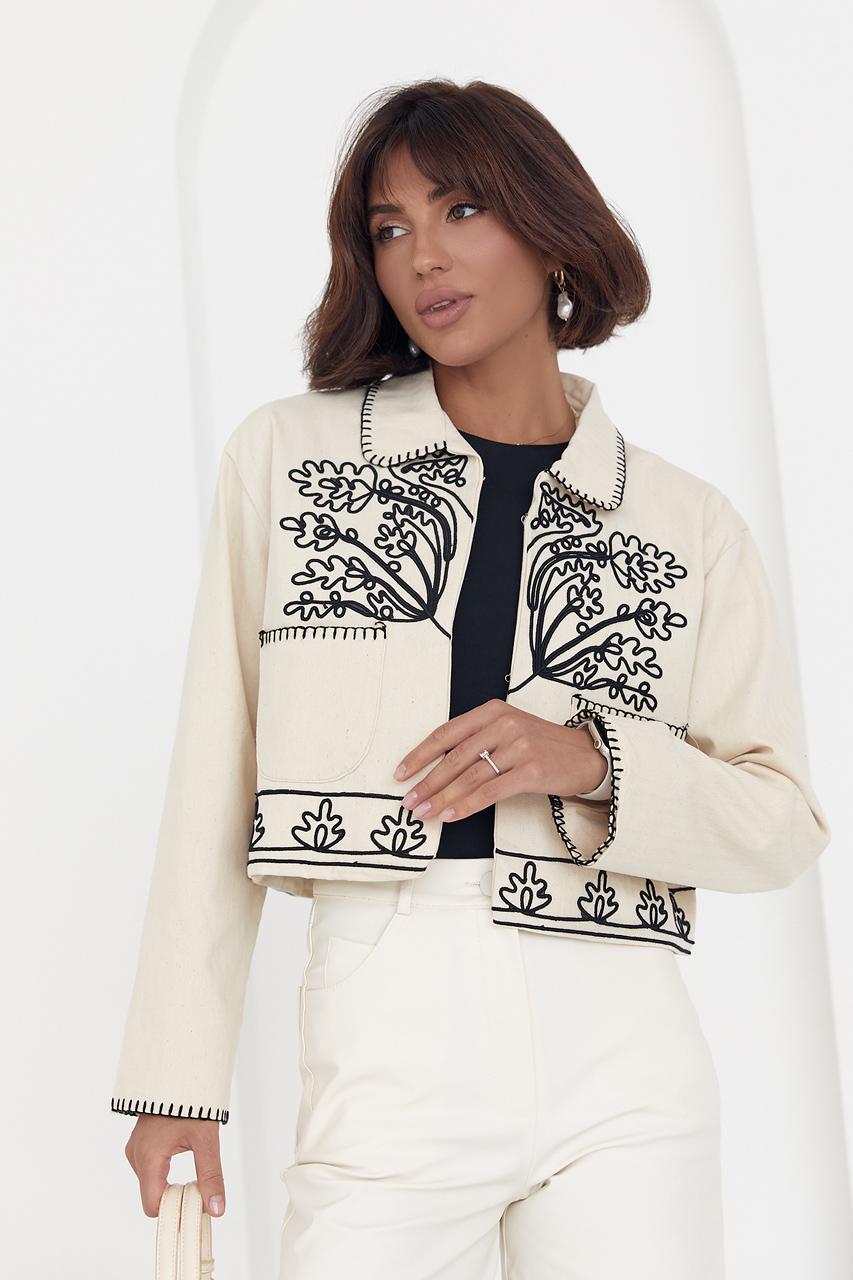 Жакет укороченный с вышивкой L Бежевый (12313284) - фото 4 Жакет укороченный с вышивкой L Бежевый (12313284) - фото 4