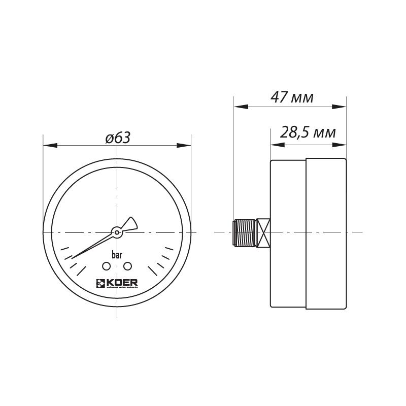 Манометр давления воды KOER KM.611A KR2901 с задним подключением на 6 бар 1/4" Ø 63 мм (75473) - фото 2