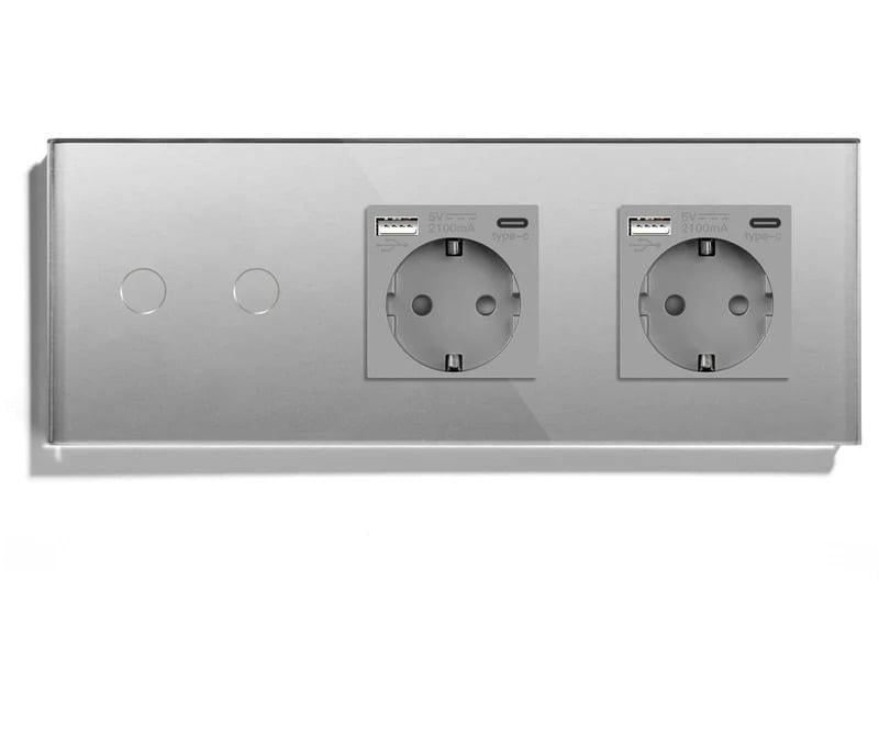 Выключатель умный LUXION двойной/сенсорный с двумя розетками USB A+C 20Вт с заземлением стекло Серый