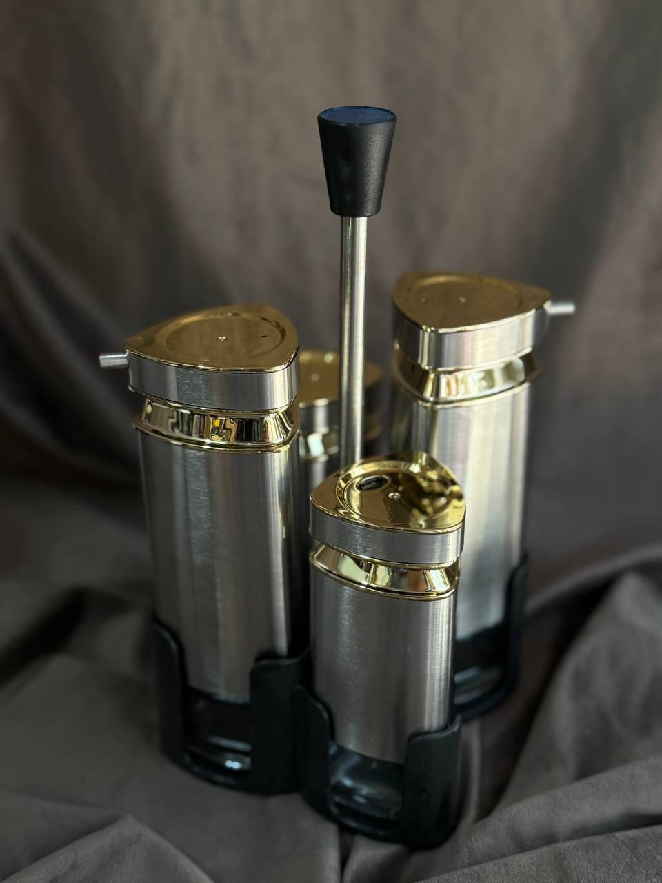 Набір баночок для спецій та рідких текстур YIWU на підставці 4 предмети Сталевий (HP-1325)