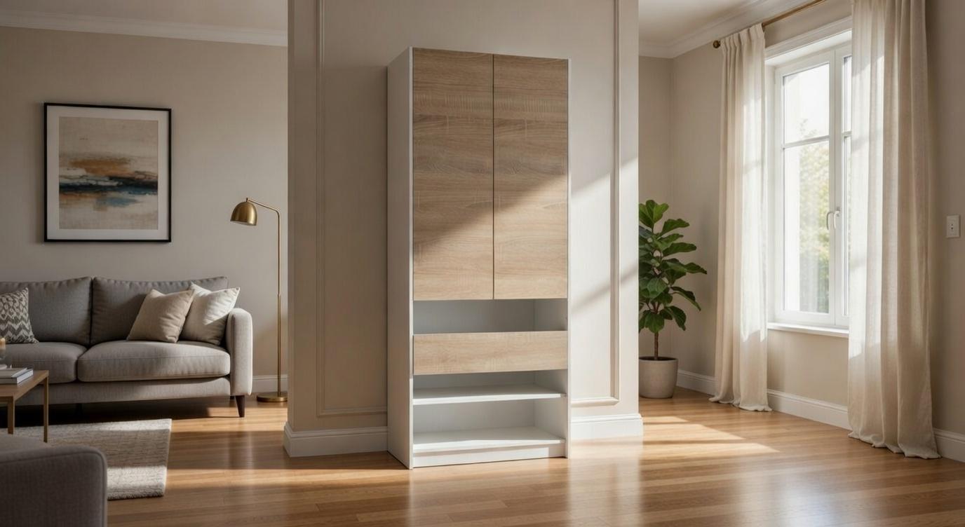 Шкаф с дверцей/выдвижным ящиком и открытыми полками и выдвижным вешаком внутри (PX UNIT)