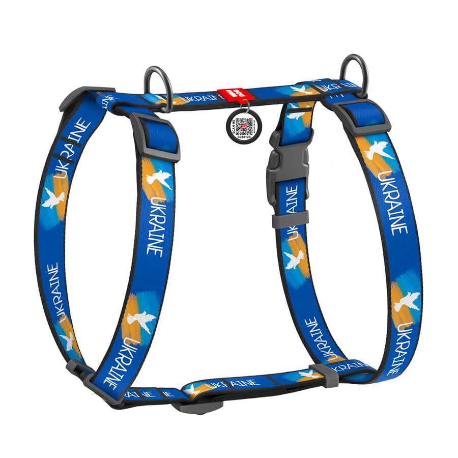 Шлейка для собак анатомическая Waudog Nylon Флаг H-образная с QR-паспортом/пластиковый фастекс L 25 мм/50-90/60-100 см Blue (5160-0229)