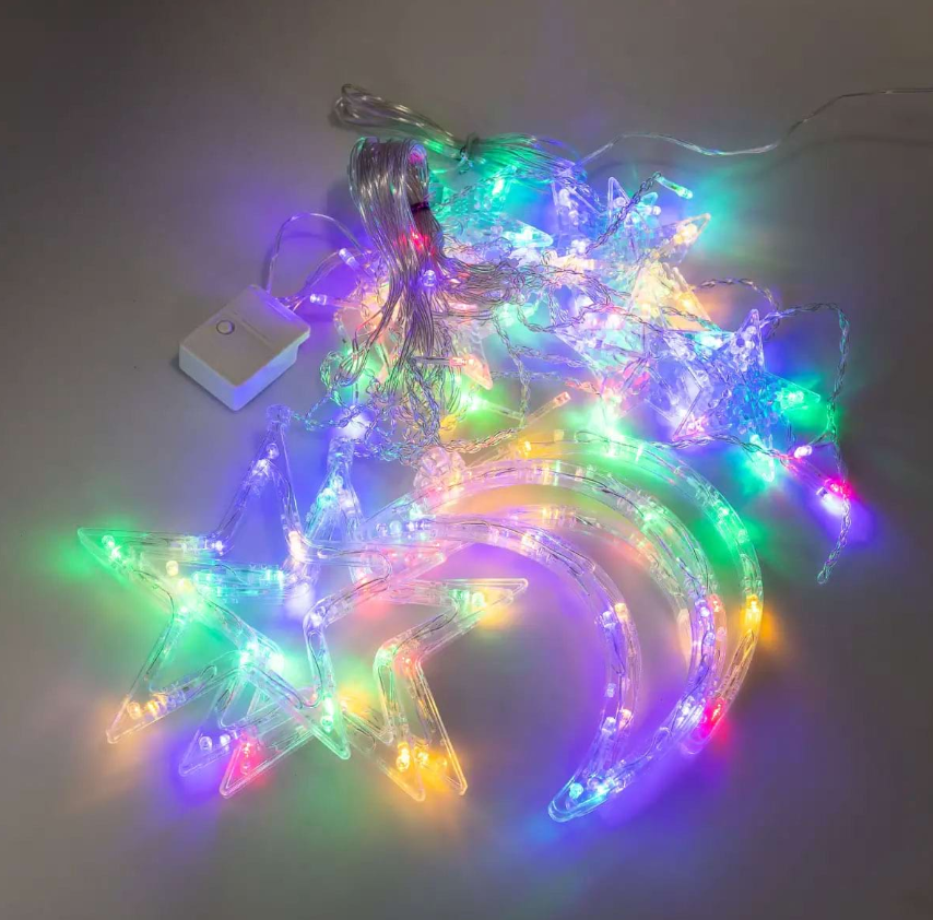 Гирлянда-штора Луна и звезды размер 3х0,9 м 12 фигур Разноцветный - фото 1 Гирлянда-штора Луна и звезды размер 3х0,9 м 12 фигур Разноцветный - фото 1