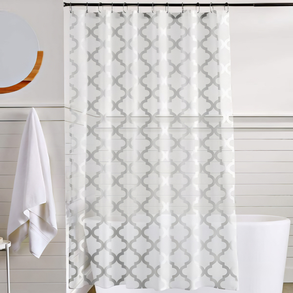 Шторка для ванной и душа PEVA с пластиковыми крючками 180x180 см Белый с серебристым принтом Шторка для ванной и душа PEVA с пластиковыми крючками 180x180 см Белый с серебристым принтом
