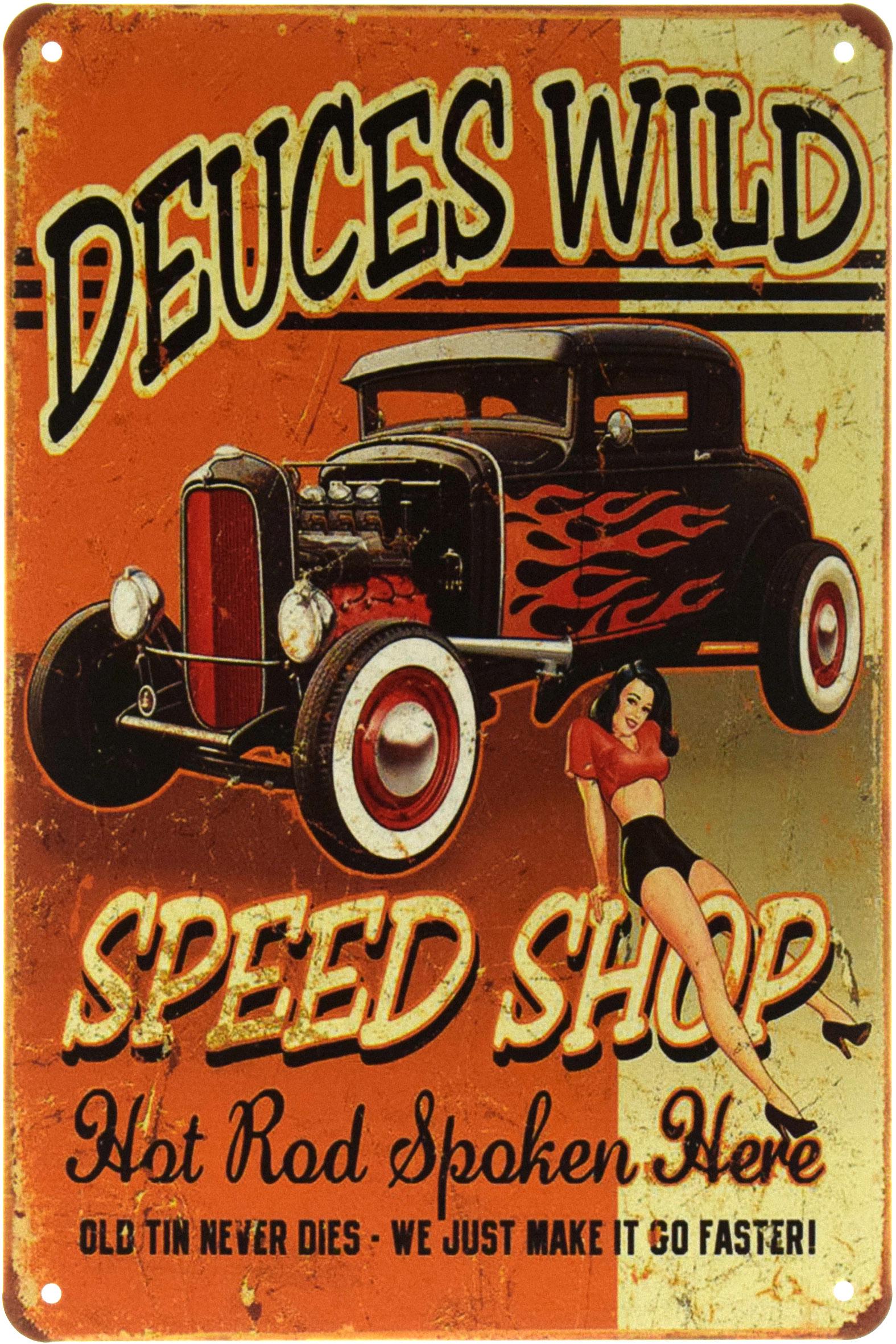 Табличка металлическая Speed Shop Hot Rod Spoken Here 20x30 см