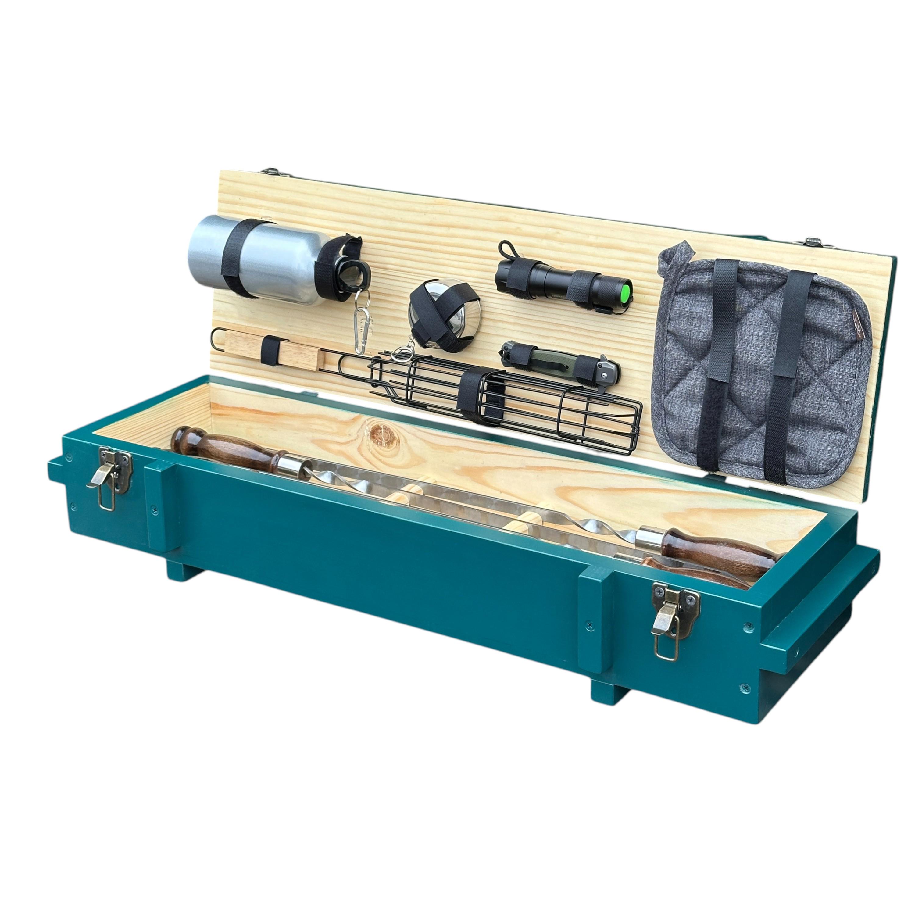 Набір шампурів та аксесуарів Mzavod Штурм із нержавіючої сталі в дерев’яному кейсі 740x250x200 мм 12 пр. Бірюзовий (136-17-1191910000187) - фото 6 Набір шампурів та аксесуарів Mzavod Штурм із нержавіючої сталі в дерев’яному кейсі 740x250x200 мм 12 пр. Бірюзовий (136-17-1191910000187) - фото 6