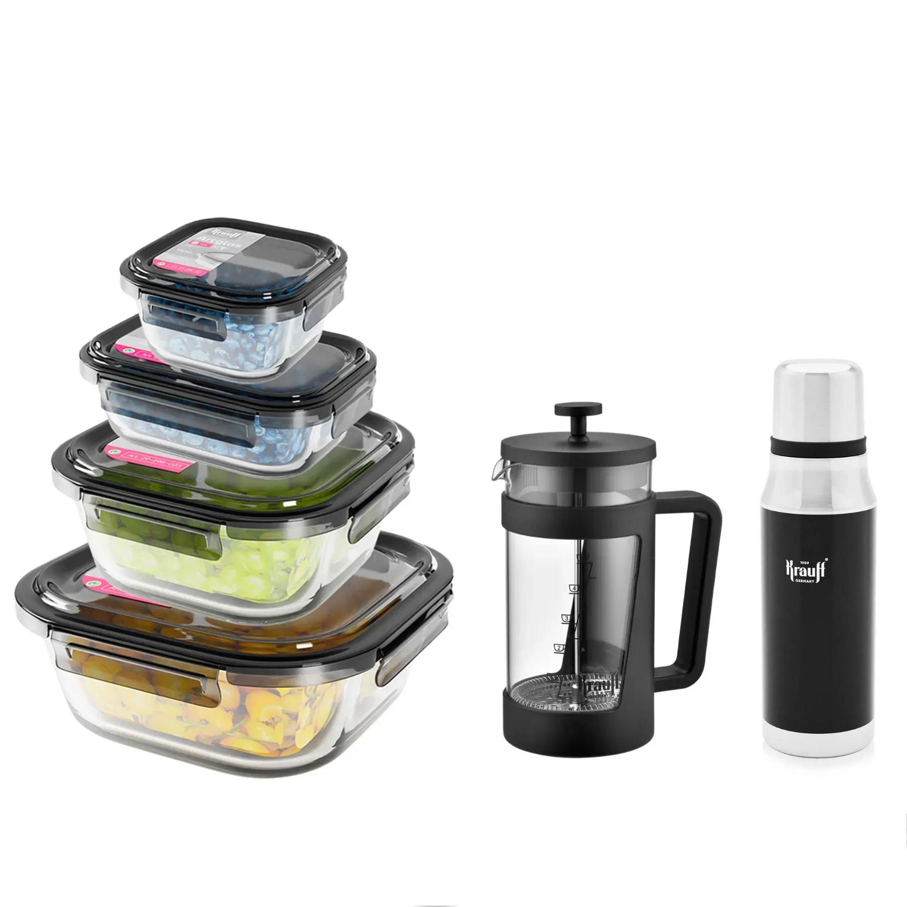 Набор стеклянных контейнеров Krauff с френч-прессом 1000 мл и термосом 750 мл (55-333-650)