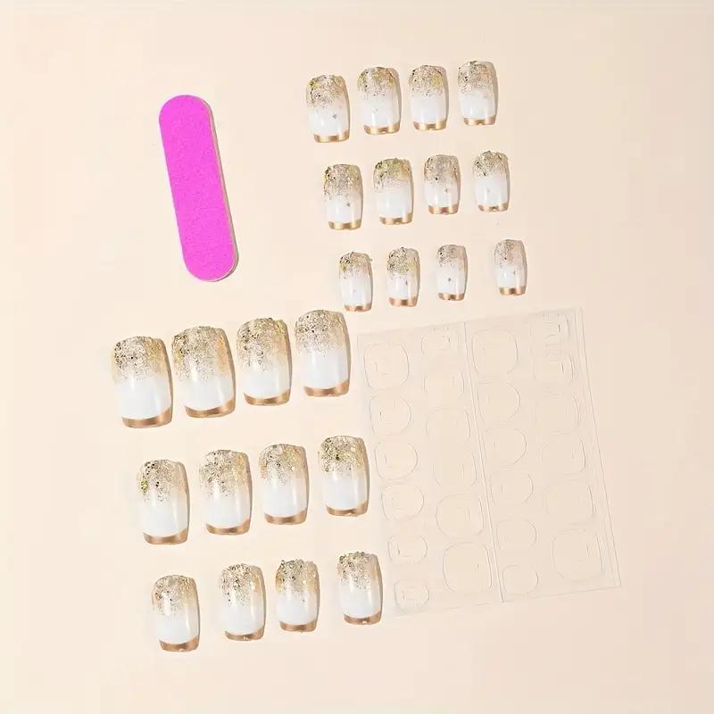Накладные ногти Сверкающий френч квадрат средней длины с клеевыми пластинами 24 шт. Золотистый (2789190692) - фото 4