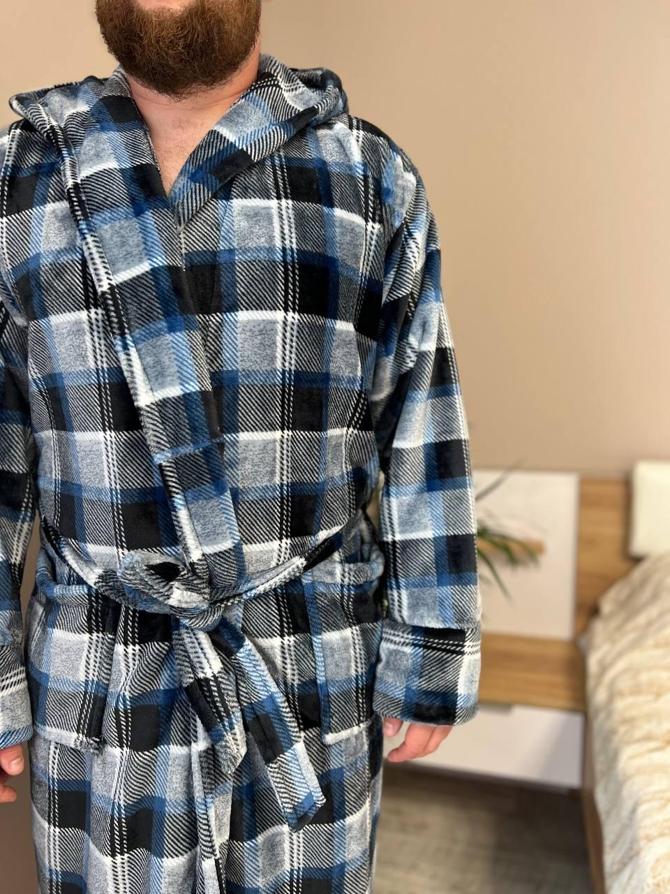 Халат чоловічий махровий в клітинку L Темно-сірий (22936608) - фото 4