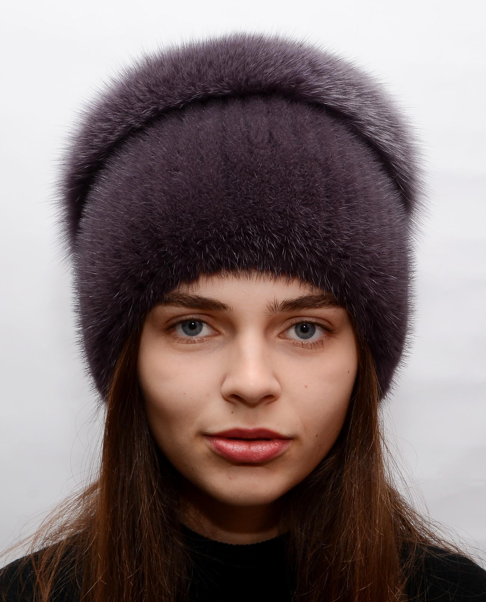 Женская вязаная норковая шапка Меховой стиль Колибри-разрез с помпоном натуральный мех XL-XXL Чайная роза (120/1/L)