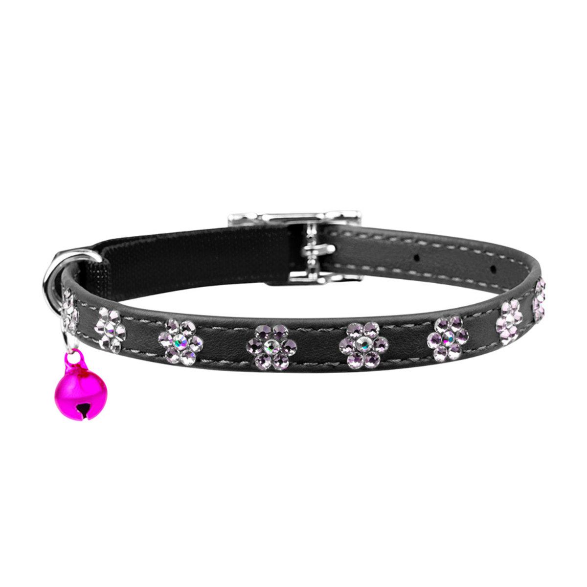 Ошейник для кошек Waudog Glamour Цветочек со стразами 9 мм x 22-30 см Черный