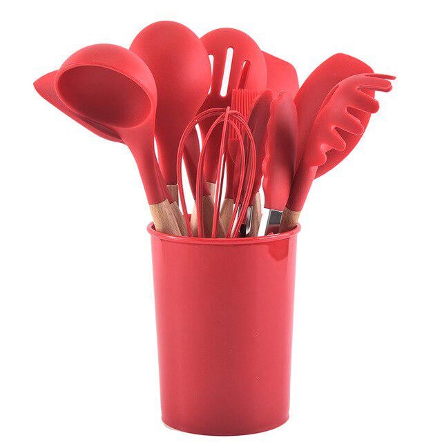 Набор кухонных принадлежностей из силикона и дерева с подставкой Kitchen Set 12 пр. Красный (HA-50)