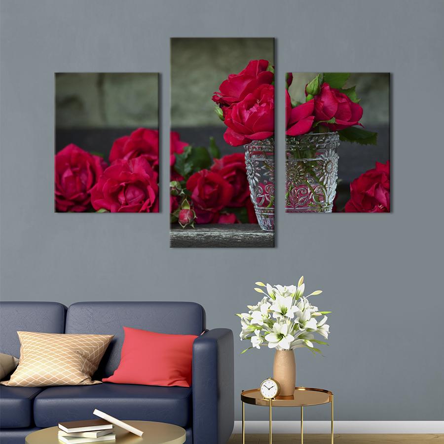 Картина на холсте триптих Красные розы и хрустальная ваза 141x90 см (984-32)