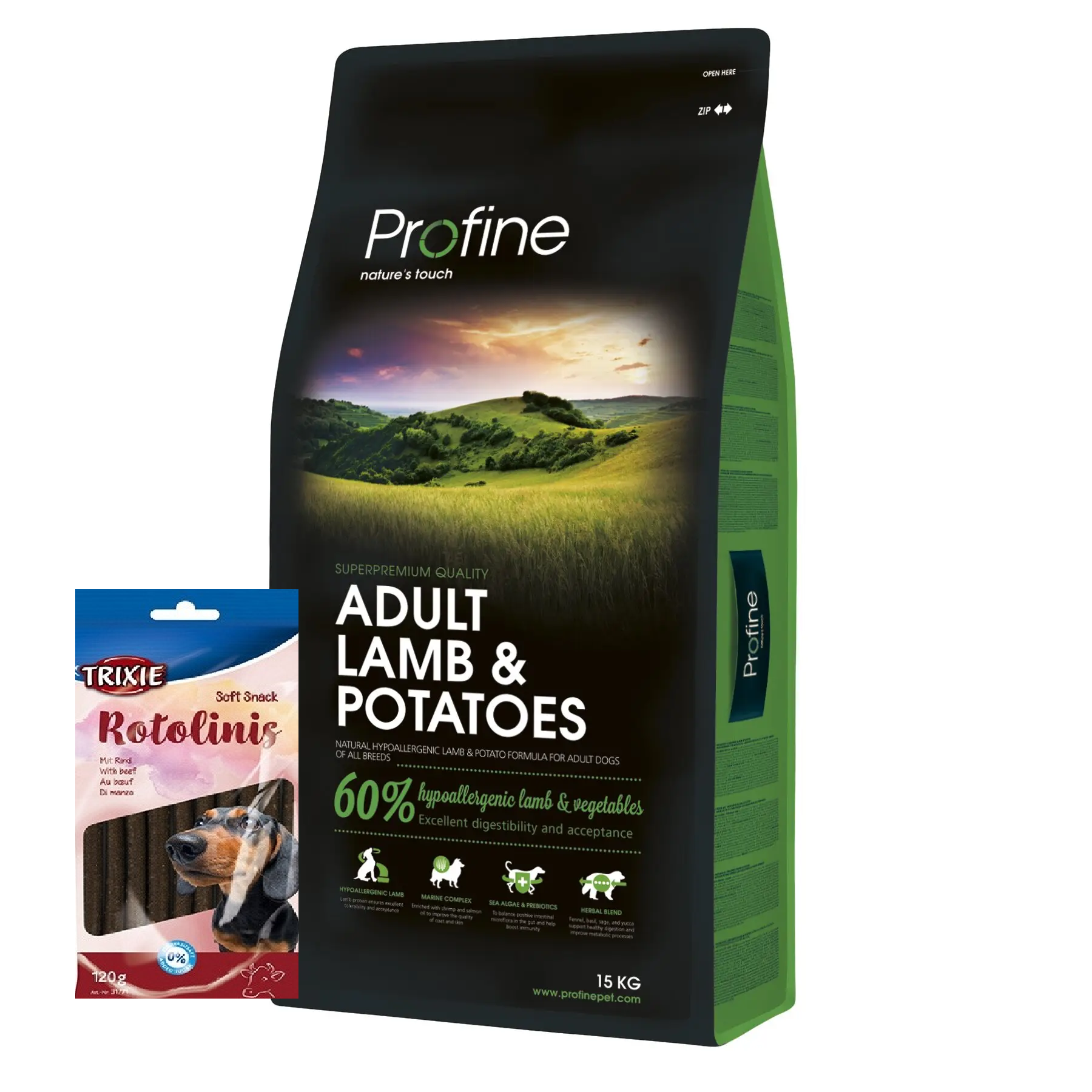 Cухий корм Profine Breeds Lamb&Potatoes для дорослих собак з ягнятком та картоплею 15 кг + Палочки с говядиной для собак 120 г (57576765868768768)