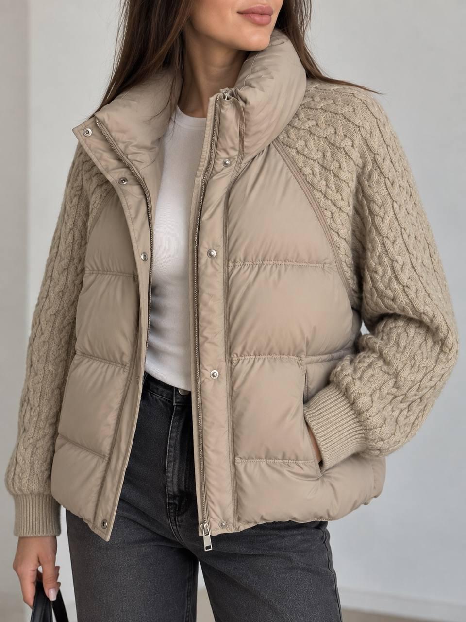 Куртка женская YZY 30790 oversize с вязаными демисезонными рукавами OS Бежевый (8070)