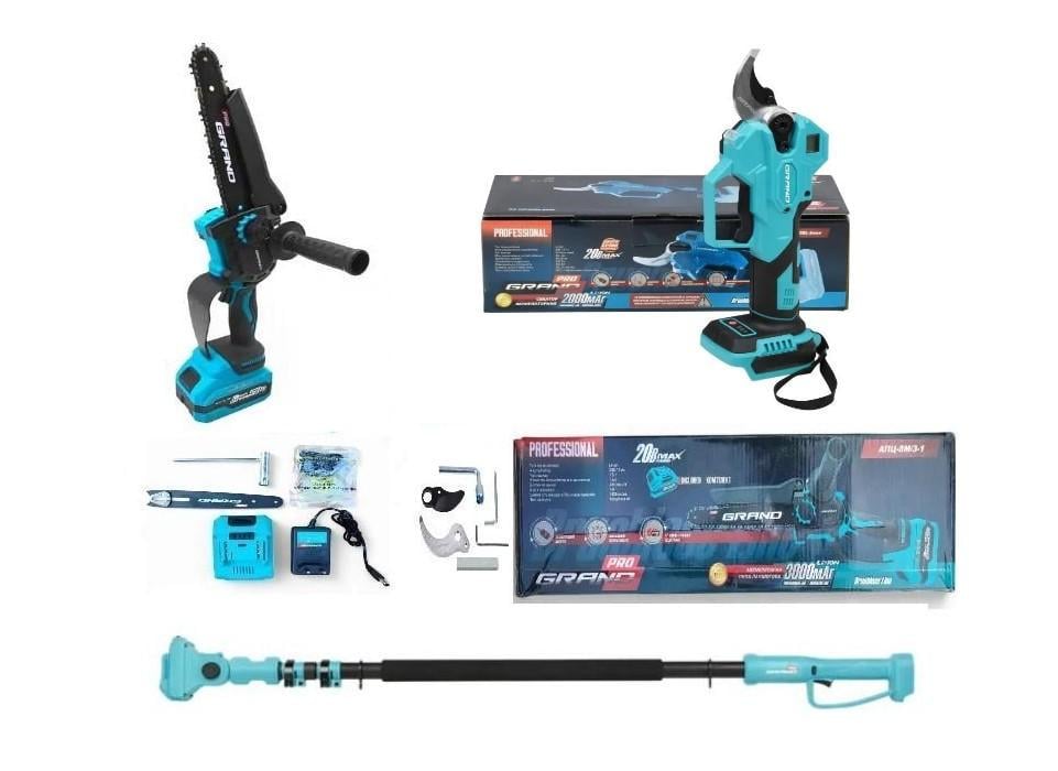 Пила аккумуляторная цепная Grand АПЦ-8М/3-1 с секатором Grand СА-40F/20BL-base/удлинителем 3 м (30851589)