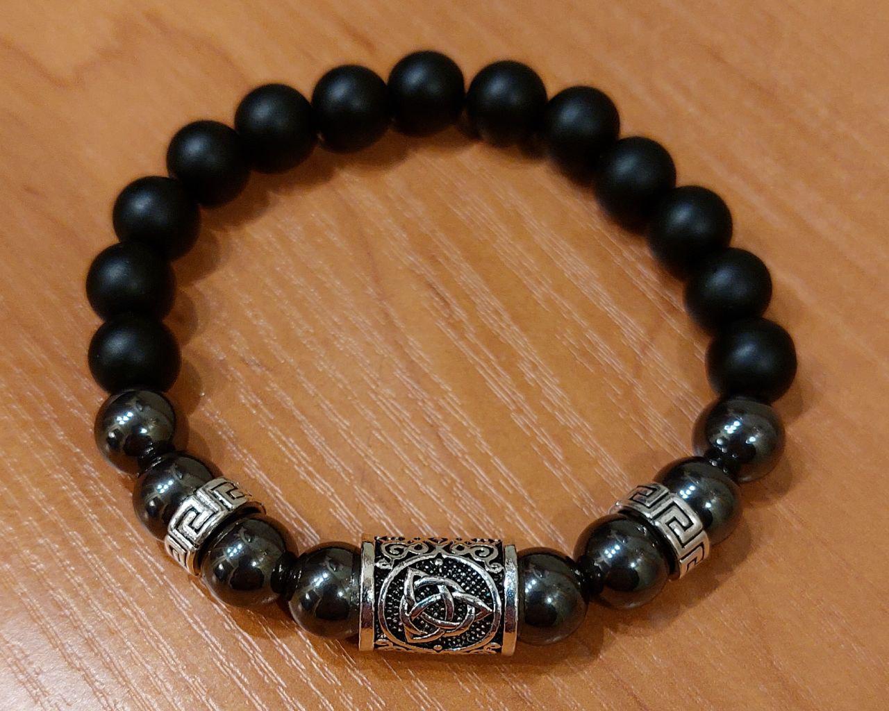 Браслет LITAURS из натуральных камней шунгит/гематит и металлическими вставками L 18-21 см (250210-1) - фото 2